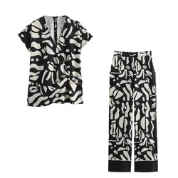 Zach Ailsa 2024 Summer New Women's V-neck Double breasted Buckle Decoration Printed Top High Waist Pants Casual Set