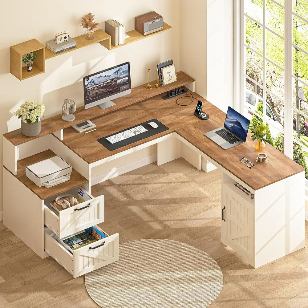 63" Farmhouse L Shaped Executive Desk with Drawers & Storage Shelf, Corner Computer Desk with Power Outlets, L Shape，Customized