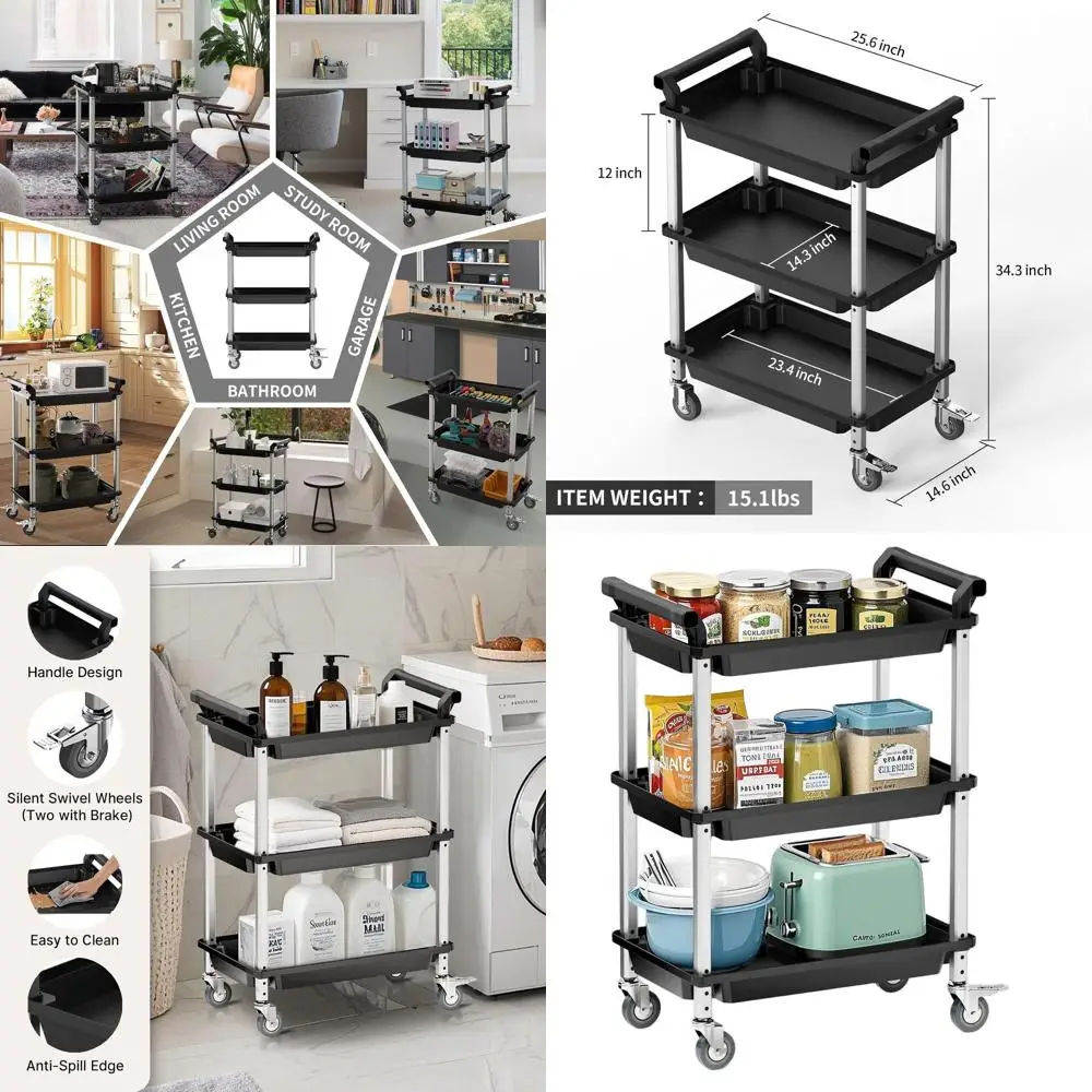 

3-Tier Plastic Utility Cart with Lockable Wheels, Multi-Functional Organizer for Home, Office, and Kitchen (Black)