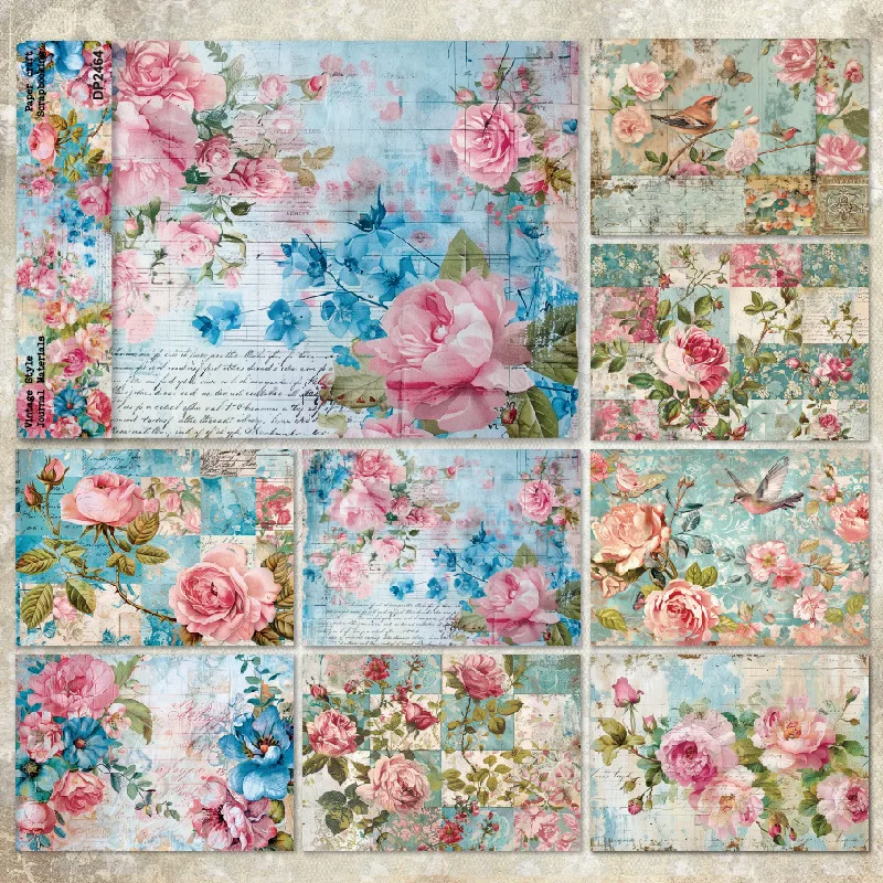 Vintage Floral Bird Texture Print Sheet Scrapbook Paper Junk Journal DIY Collage Album Decoupage Handcraft Embellishment Decor
