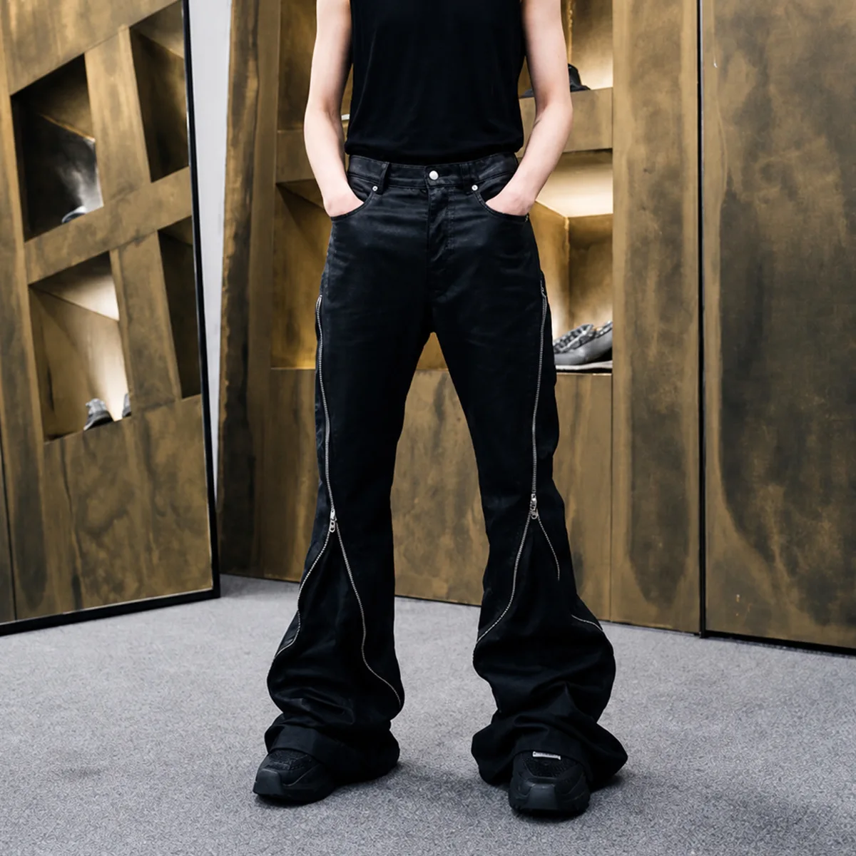 MWJLPWQ Coated Flare Pants Double Side Long Vertical Zipper Decor Stack Floor Hem Unisex Dark Punk Street Casual Trousers 17121
