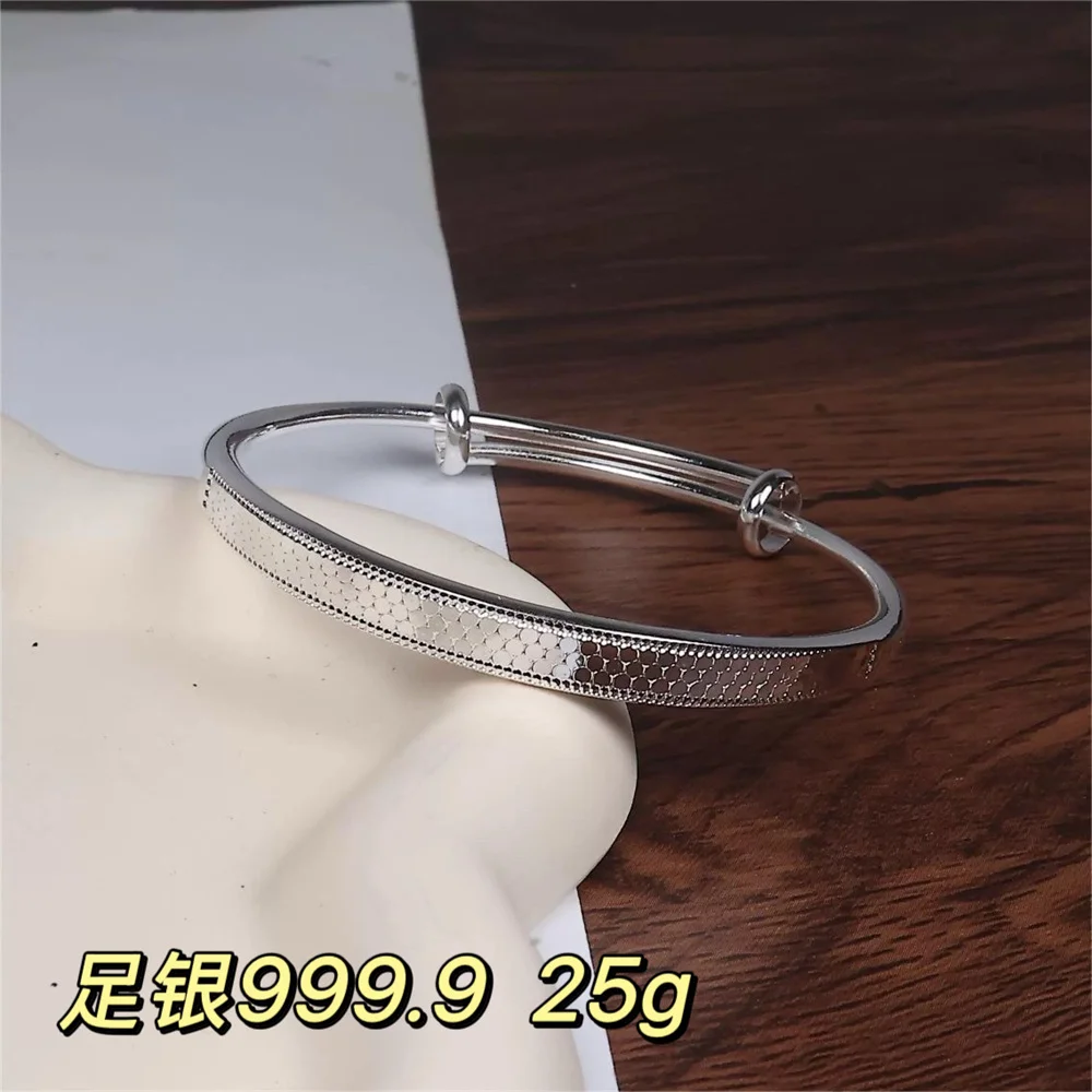 OUYADI 999 Sterling Silver Slide Adjustable Bangle For Men And Women, Fish‑Scale Texture Premium Fine Jewelry Gift