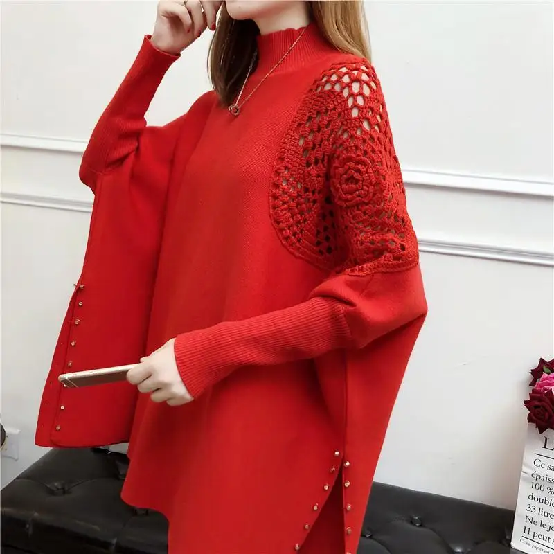 Autumn and winter loose bat pullover half high neck knitted sweater women\'s new shawl cape nail bead hook flower coat