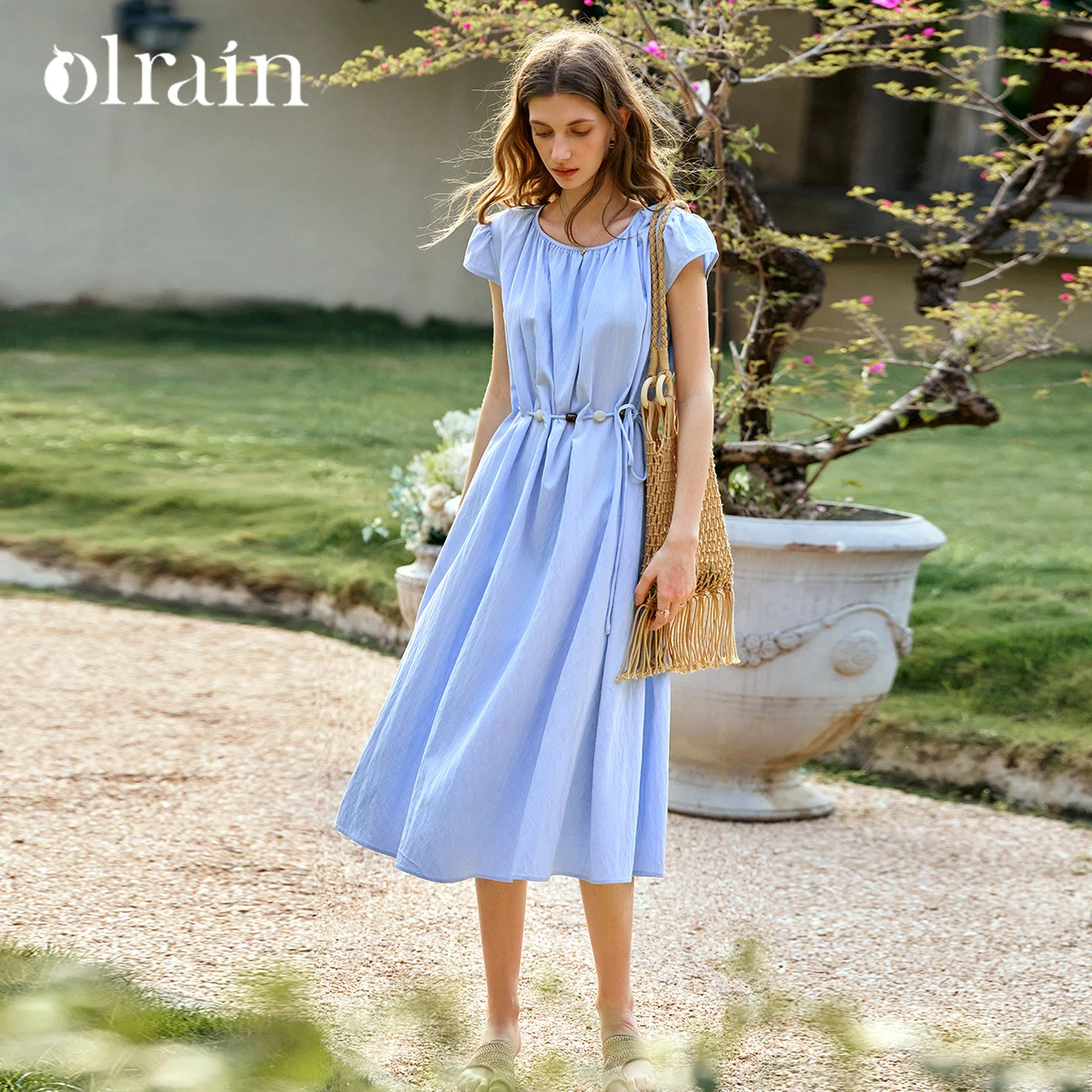 

OLrain Women's Summer 2026 Dresses Blue Vacation Elegant Ladies Midi Waist Sashes Wind Beaded Dress Clothes Women O57XL99009