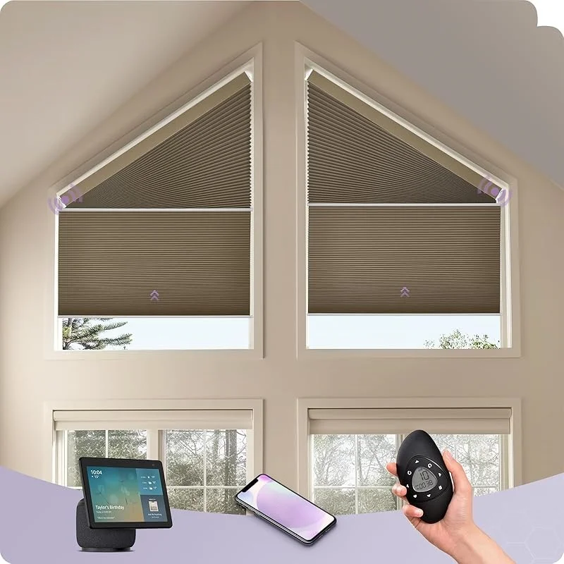 Custom Triangle Window Size Sun Protection 100%Blackout Fabric Alexa App Control Automated Cellular Shades For Irregular Windows