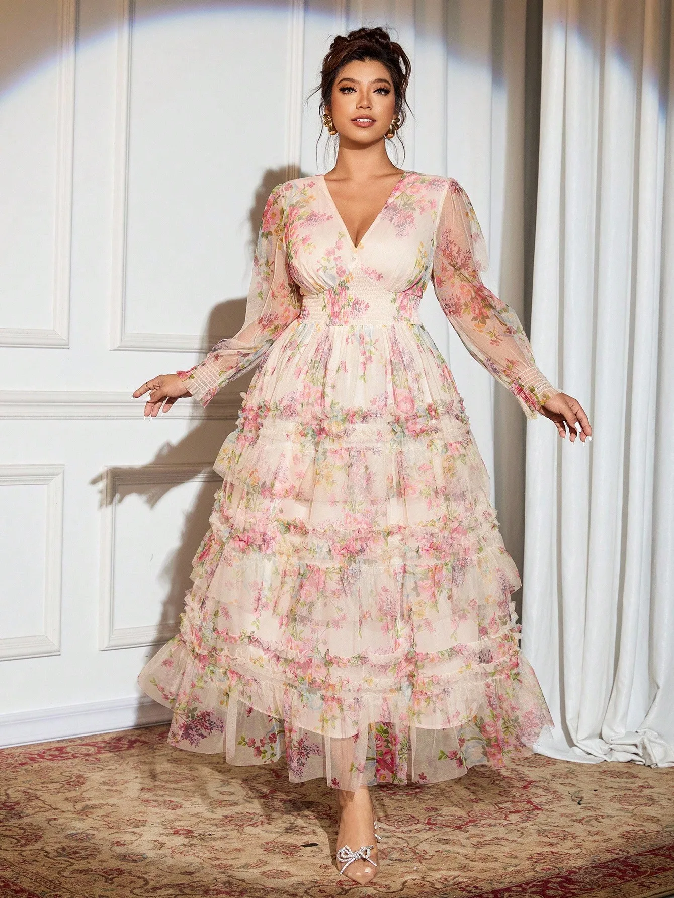 

Floral Print V-Neck Tiered Maxi Dress with Sheer Long Sleeves