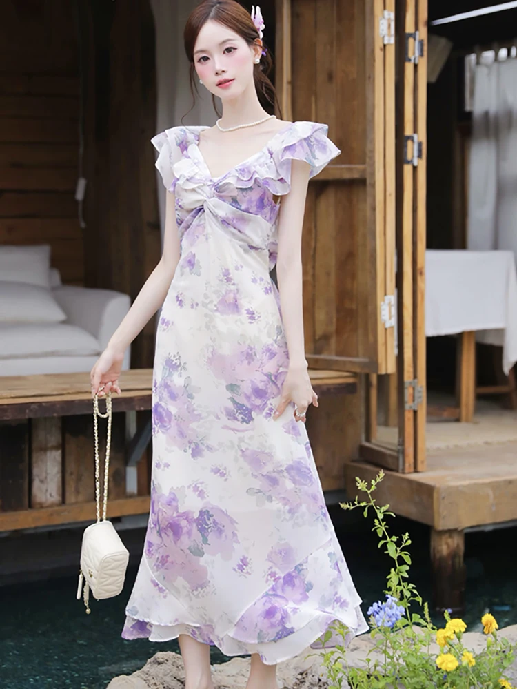 サマーパープルフローラルVネックノースリーブドレス レディース エレガントシック ラッフルビーチドレス 2025 韓国ファッション ボディコン ラグジュアリー ワンピース