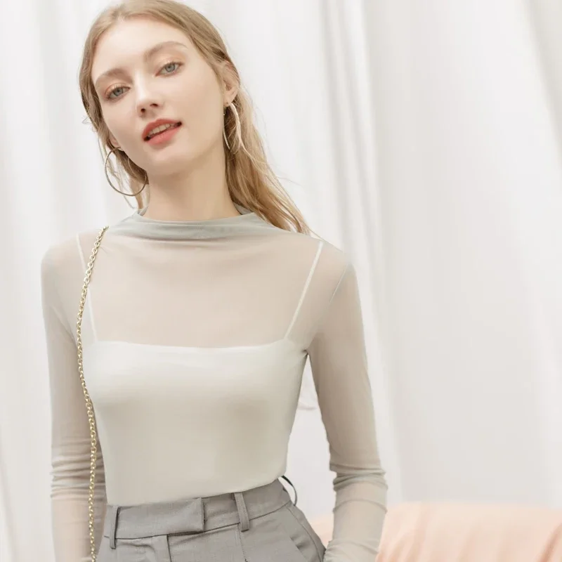 

Women Slim Round Neck T-Shirts New Perspective Sexy Mesh Long Sleeve Top Ladies Korean Fashion Pullovers 2024 Spring