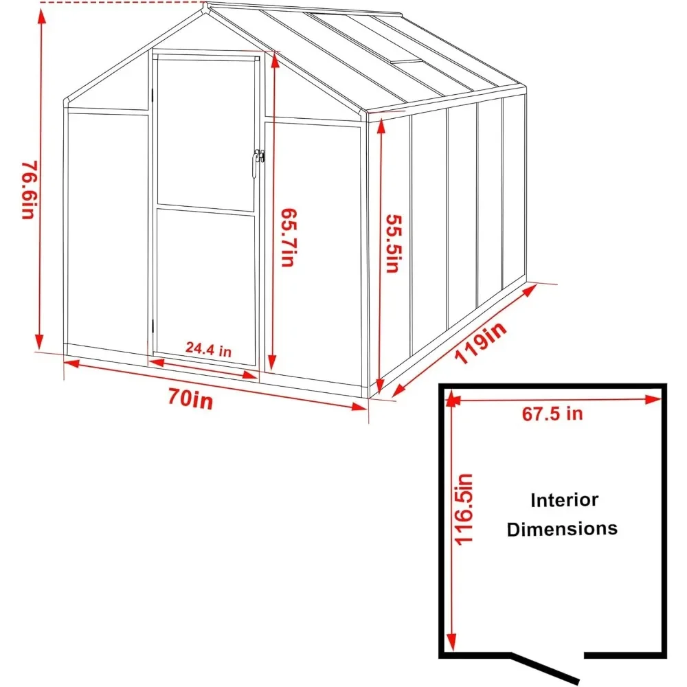 6x10 ft Outdoor Polycarbonate Greenhouse Kit with Aluminum Frame, Walk-in Garden Green House with Sliding Lockable Door