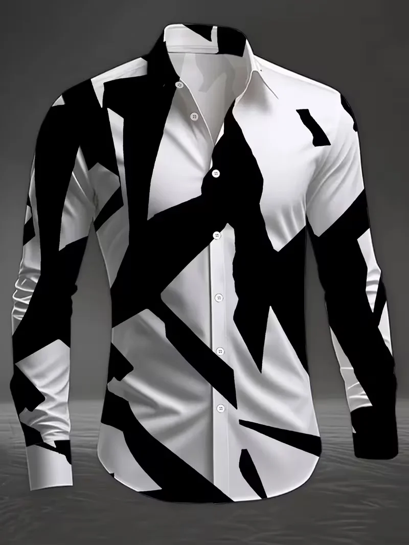 New Men's Shirt 3D Line Printed Casual Shirt Men's Retro Shirt Long Sleeved Printed Fashionable Clothing Top