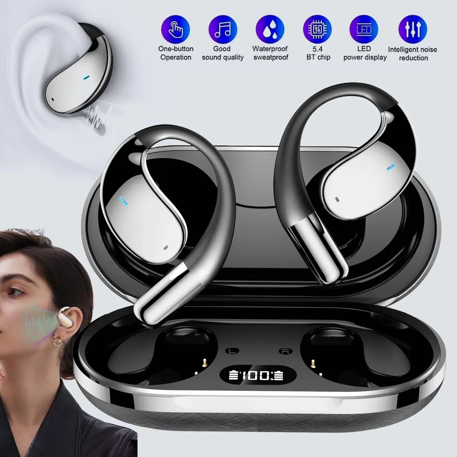 

Sport Office Earhook Earphone Smart Noise Cancelling Mic Headset Air Conduction Wireless Bluetooth Headphone For Android Ios