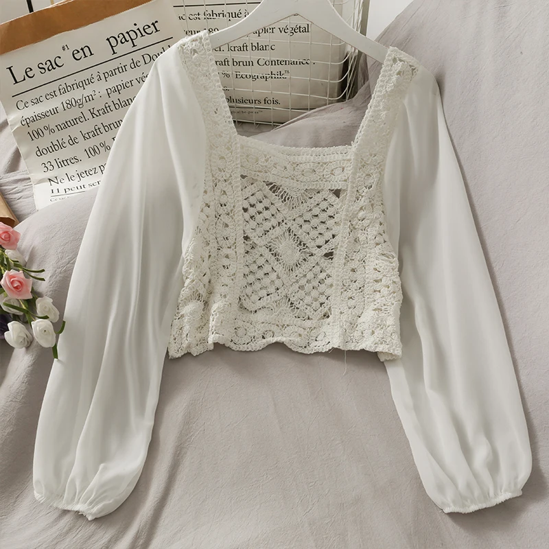 OUMEA Women Cotton Crochet Blouse Spring Autumn Casual Loose Fit Style Sweet Solid Color Vintage Tops With Chiffon Sleeve