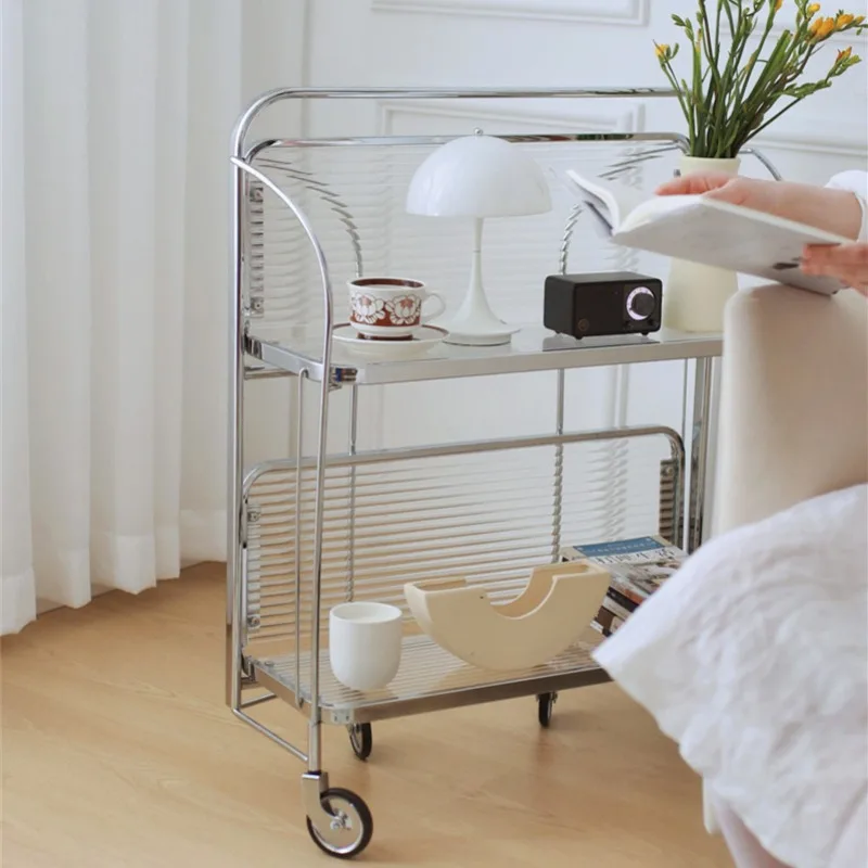Transparent Glass Stainless Steel Mobile Trolley, Simple Side Table, Coffee Table Movable Side Car