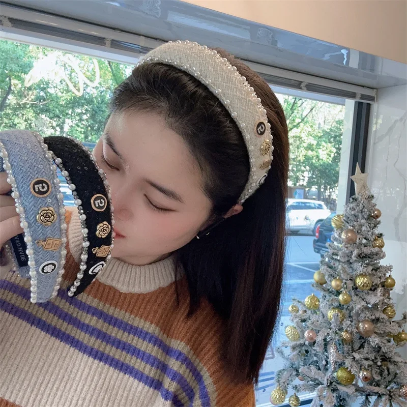 

Vintage Women Headband with Pearl Beads around, No.5 Camellia Perfume Design Hair Accessories Jewelry
