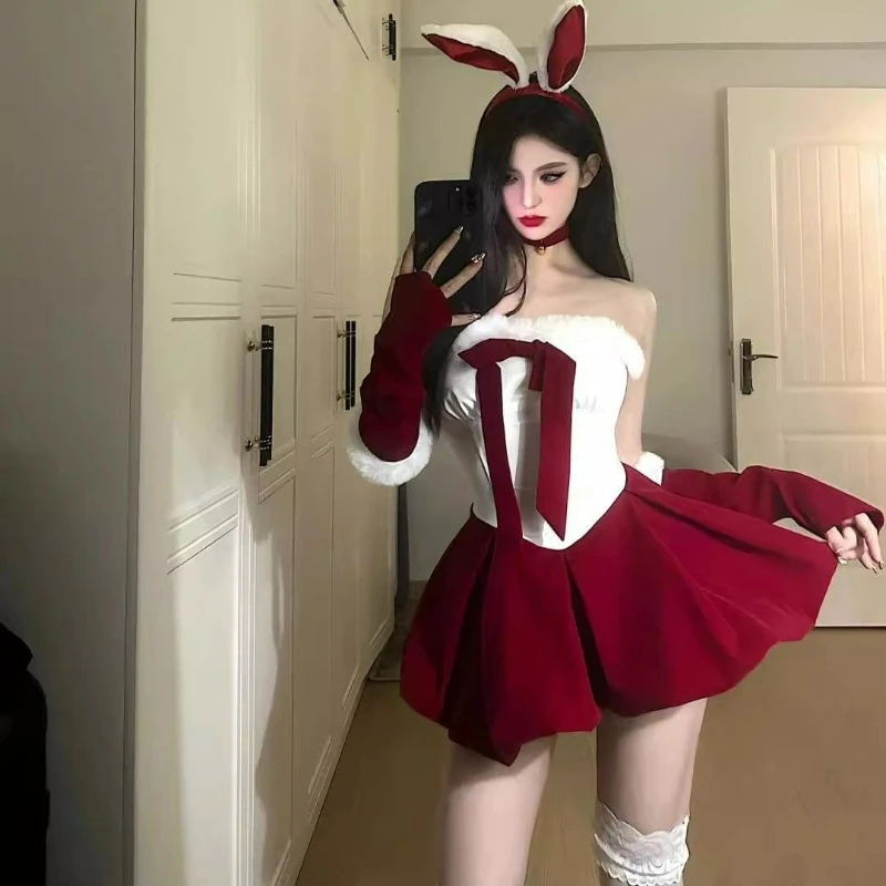 Nowa kolekcja Jesień/Zima 2026: Dopasowana sukienka bez ramiączek w stylu księżniczki, zestaw z króliczkiem świątecznym, seksowna sukienka z wkładkami na biust dla kobiet.