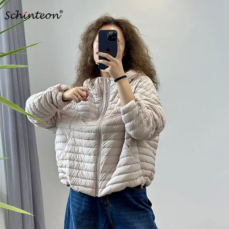 

Schinteon Women's Light White Duck Quilted Down Jacket with Hood Puffer Coat Autumn Winter Casual Comfortable Outerwear 2026 New