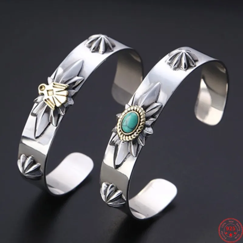 

S925 Sterling Silver Bracelets for Women Men 2023 New Fashion Flying Eagle Turquoise Bangle Pure Argentum Punk Viking Jewelry