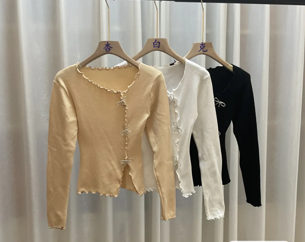 Korean Bow Tie Wood Ear Hem Bottom Knitted Shirt Women Slim Long Sleeve T-shirt Top