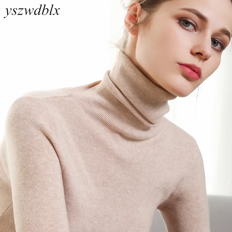 YSZWDBLX Autumn Winter Turtleneck Sweater Women Solid Pink Red Knitted Pullovers Slim Bottoming Shirt Casual Korean Knit Jumpers