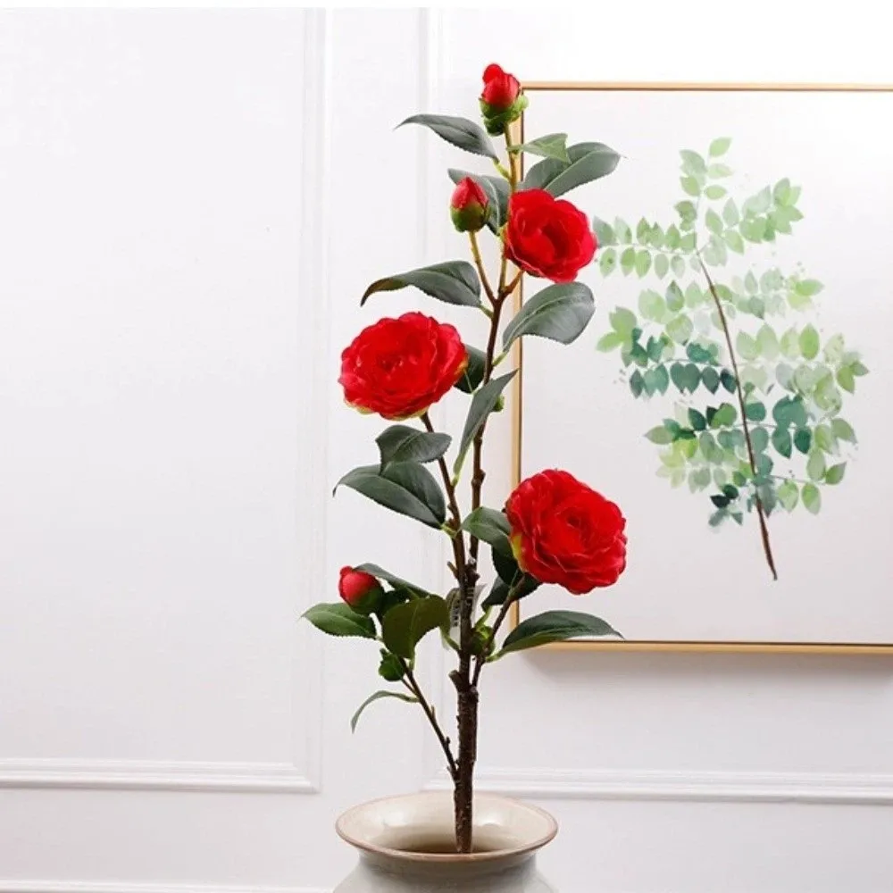 Fleur de camélia artificielle à feuilles vertes, faite à la main, toucher réel, branche de fleur artificielle réaliste, simulation de rose artificielle