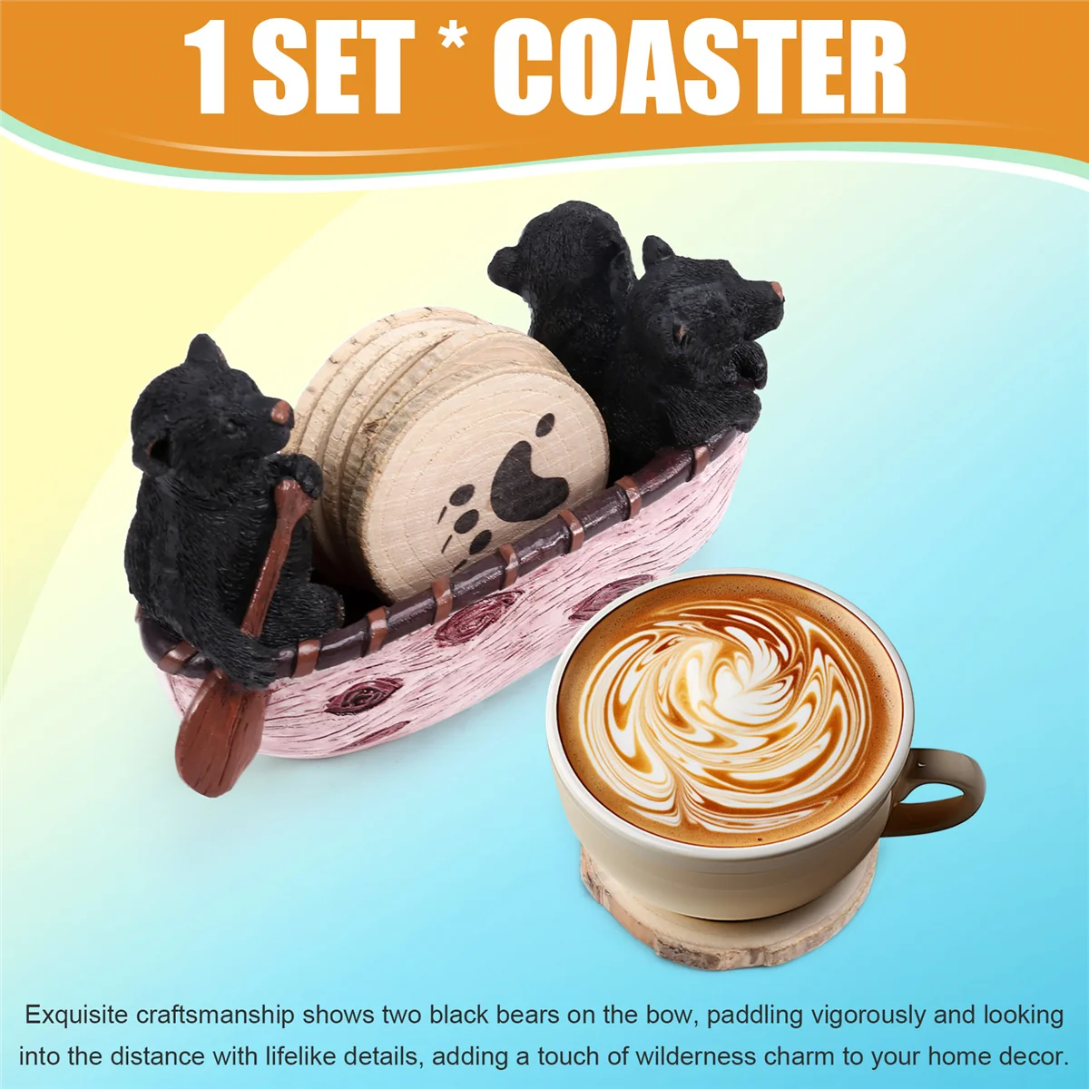 【Hot&Price】Insulation Pads Handmade Resin Coaster Set Black Bear Canoe Rack Pot Rack Beverage Coaster Farmhouse Insulation