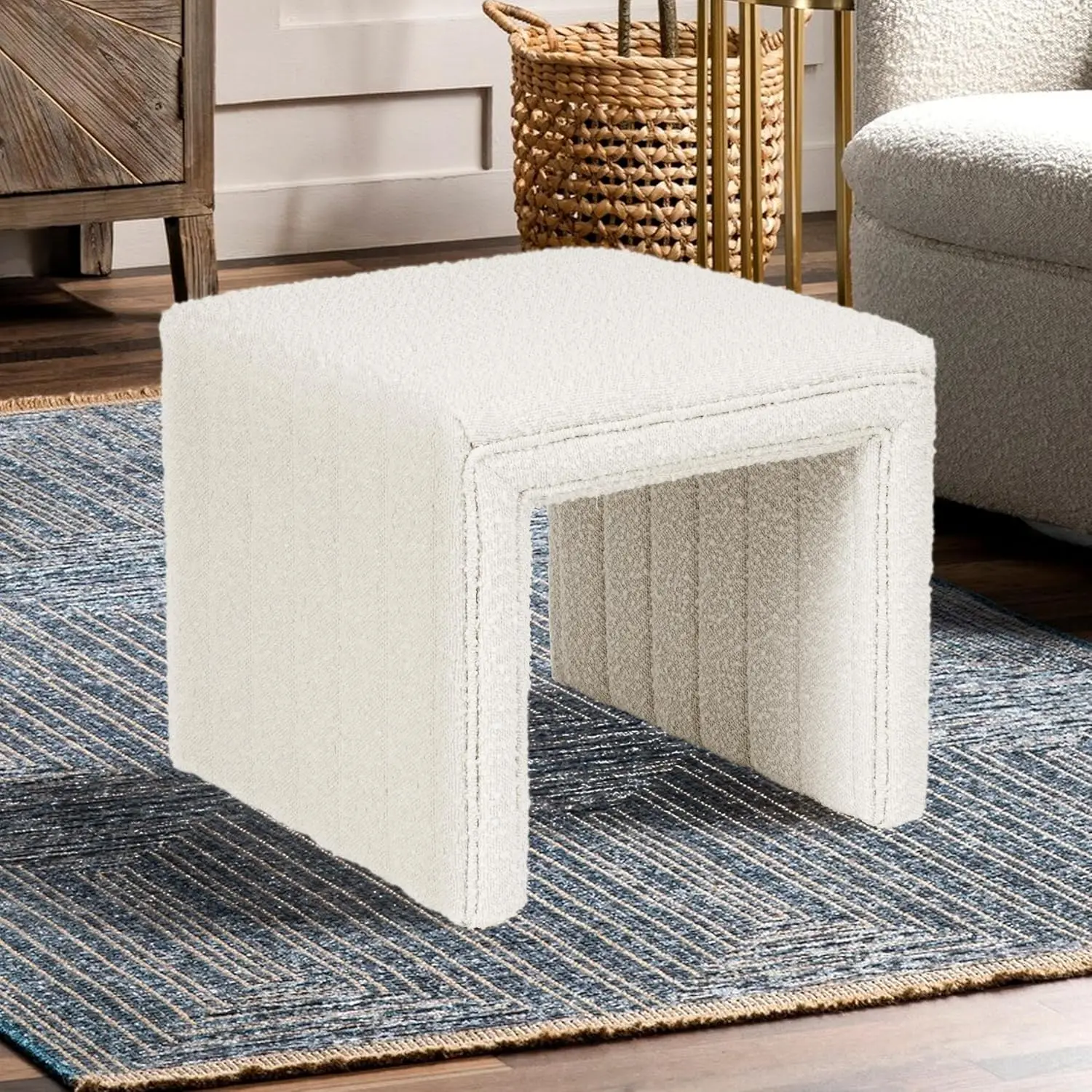 Banqueta otomana moderna tufada creme para sala de estar e quarto - tecido boucle, 18,5x18,5x16,5 polegadas
