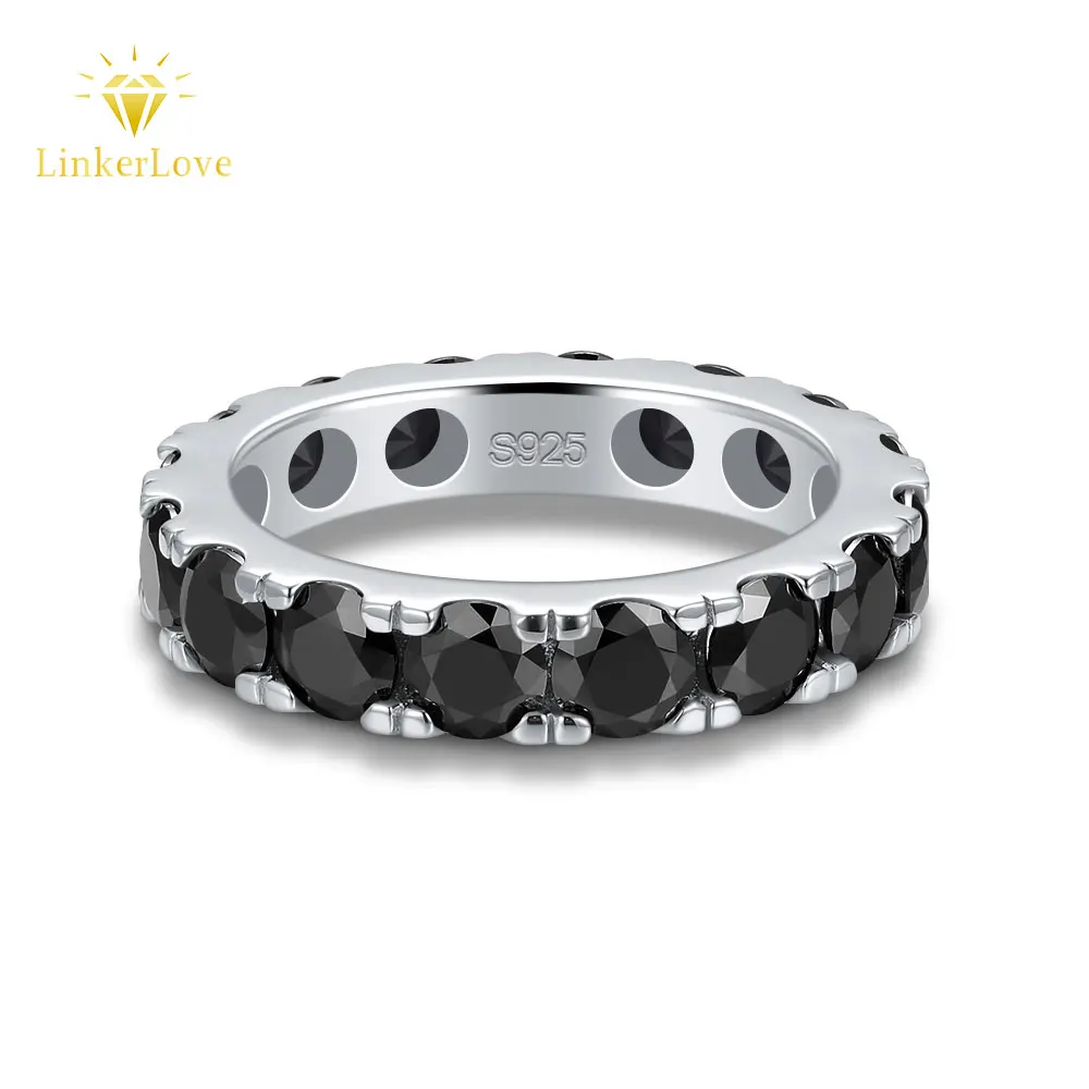 

LinkerLove S925 Silver Full Eternity Black Moissanite Wedding Band Hypoallergenic Hip Hop Statement Ring Fine Jewelry for Women