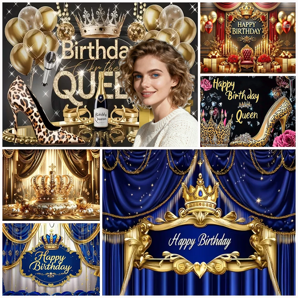 

Crown Queen Birthday Party Decoration Background Gold Glitter Balloon Flowers High Heels Mature woman Photography Backdrop Gifts