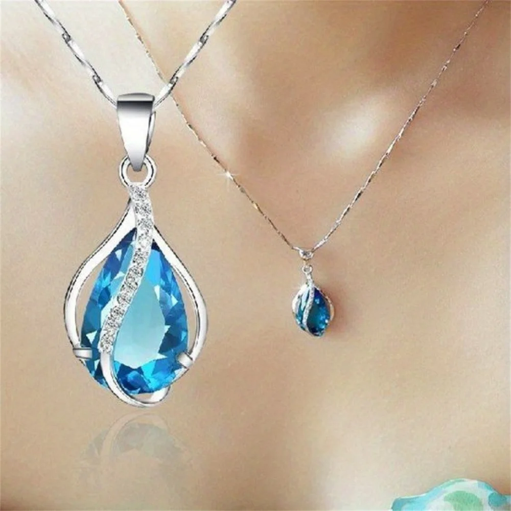 Elegante Damen-Halskette mit blauem Wassertropfen-Anhänger aus Zirkonia-Imitation, Schmuck für den Alltag, Bankette, Partys, Geschenk-Accessoires für Mädchen – Detail 4