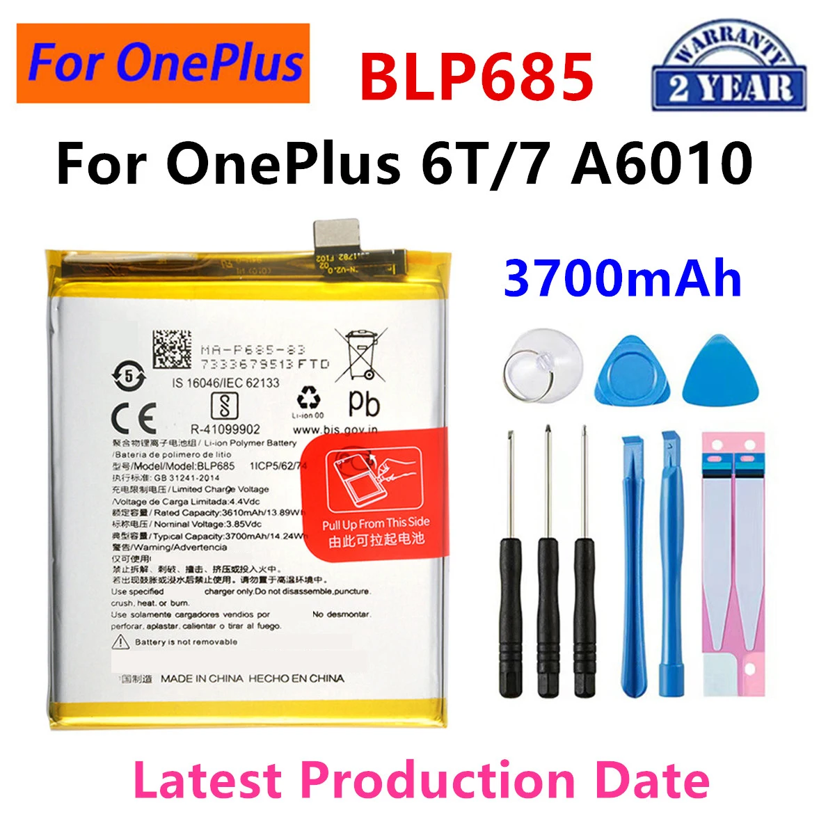 

Orginal BLP685 3700mAh Replacement Battery For OnePlus 6T OnePlus 7 A6010 Genuine Latest Production Phone Batteries+Tools