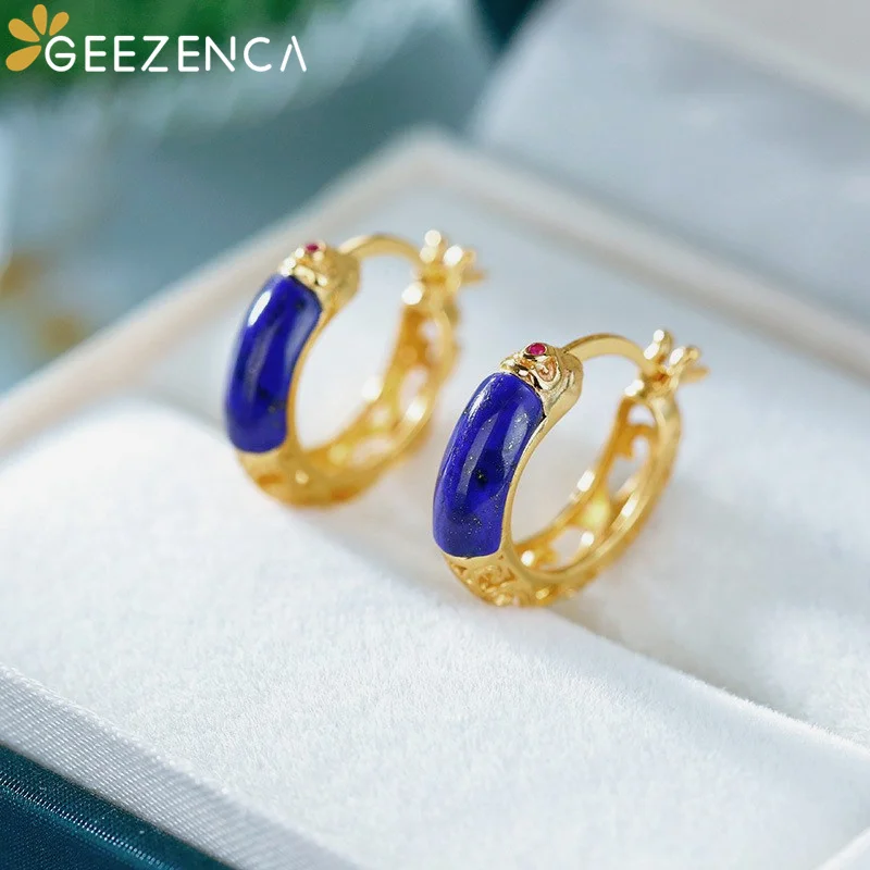 GEEZENCA Natural Lapis Lazuli 925 Silver Hollow Craft Small Hoop Earrings For Women 18K Gold Blue Stone Earring 2024 New Gift