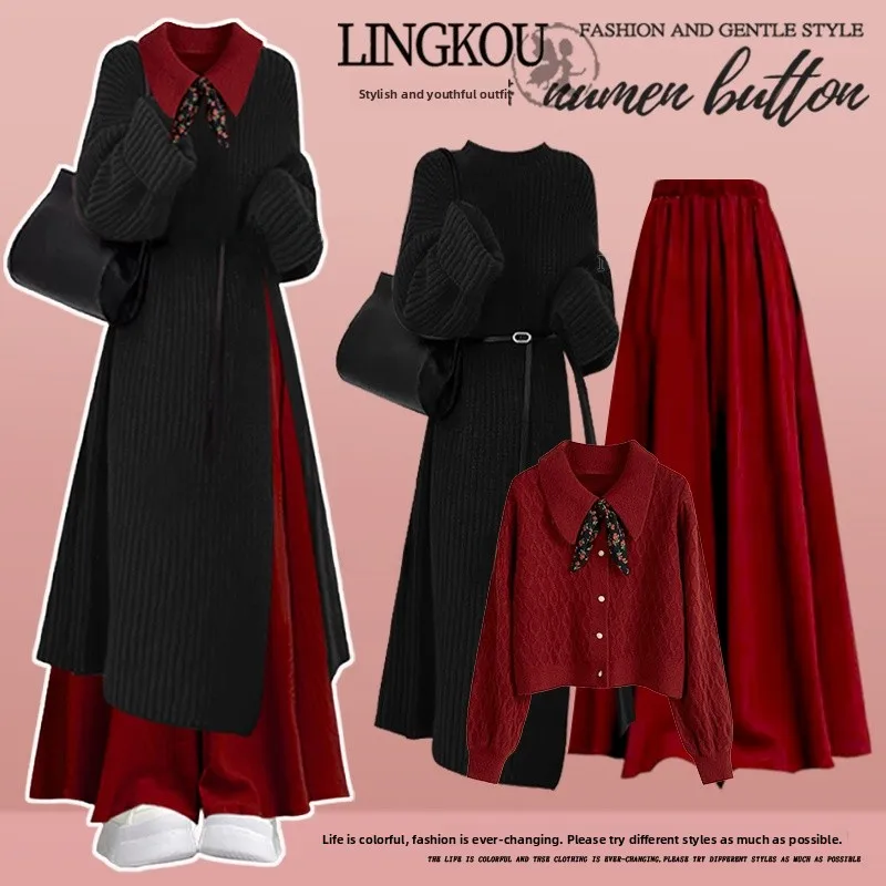 

Ladies Large Size Spring Autumn Small Fragrance Style Set Casual Knot Knitted Sweater Split Skirt Pants Three Piece...