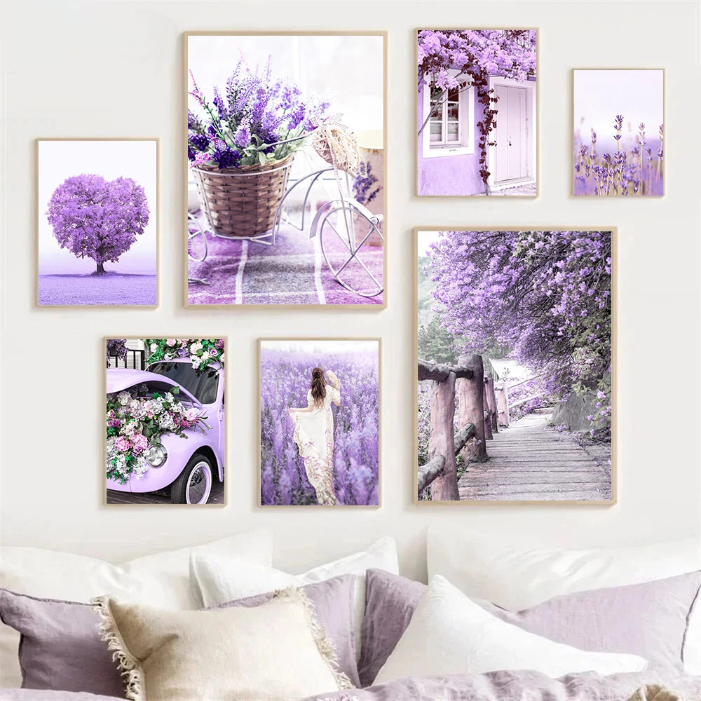 Purple Tree Flower Girl Lavender Wall Art Posters Canvas Painting Door Bike Car Art Print Nordic Wall Pictures Living Room De