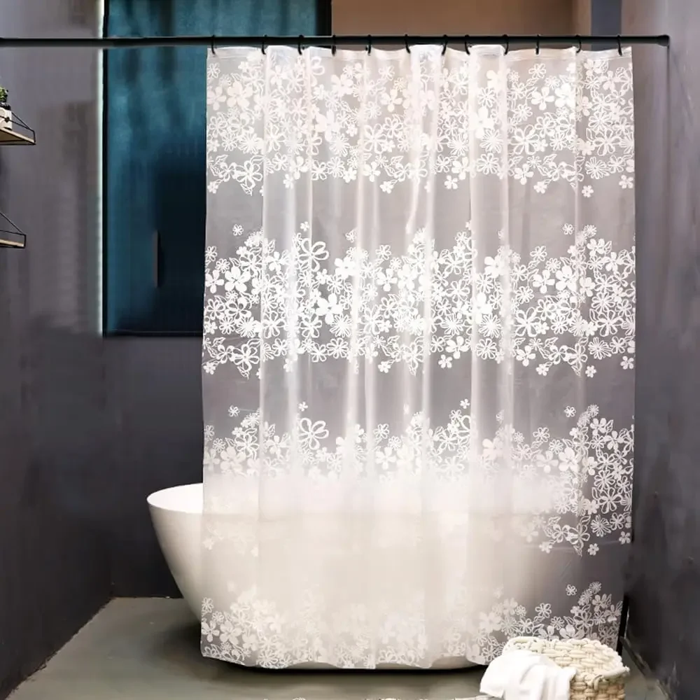 Floral Waterproof Anti-Mould Shower Curtain for Bathtubs - Plastic Lightweight Bath Curtain with Hooks Bathroom Decor