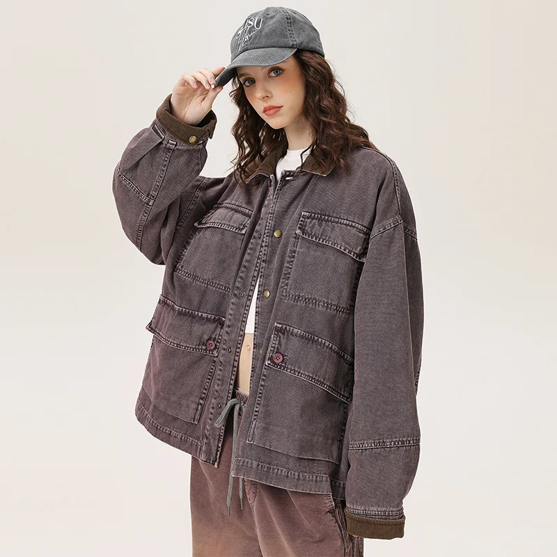 Corduroy Neck Oversized Cargo Jacket Top 2024 Washed Worn Jacket For Men / Women