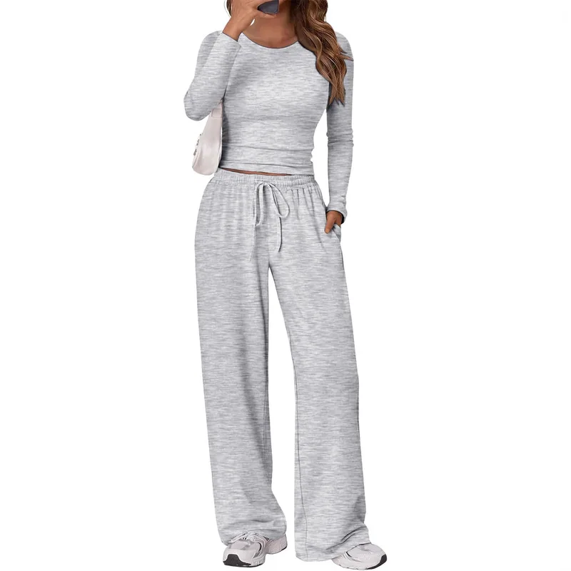 Solid Color Womens Lounge Set, Soft Long Sleeve Crew Neck 2 Piece Sweatsuit for Yoga Workout Casual Wear Fall Winter
