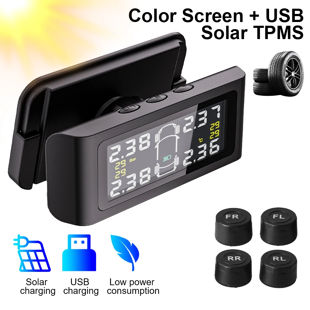 

4 Exteral Sensors 0-6.0Bar USB / Solar TPMS Car Tire Pressure Monitoring System Auto Security Alarm Systems Digital LCD Display