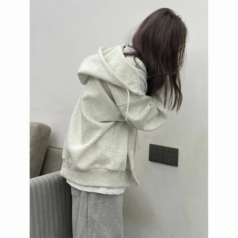 Autumn Winter Retro Harajuku Solid Women Zip Up Hoodies Korean Style Oversize  Long Sleeve Sweatshirt Hooded Coats Streetwear