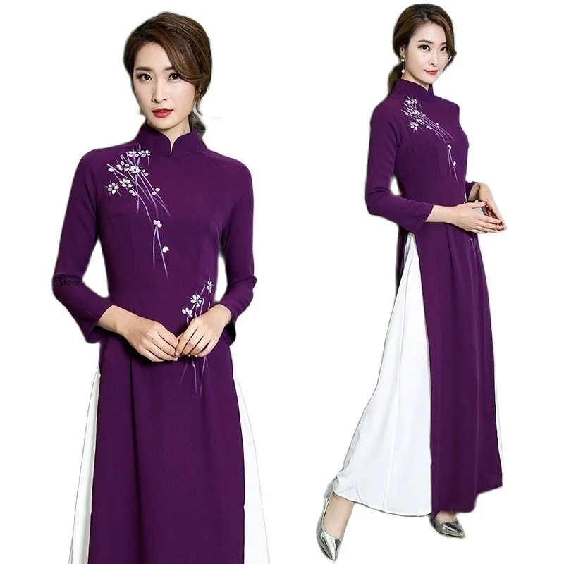 Traditionelle Vietnam Frau Retro Ao Dai Elegantes chinesisches Cheongsam Vintage Floral Festival Hochzeit Abend Qipao Kleid