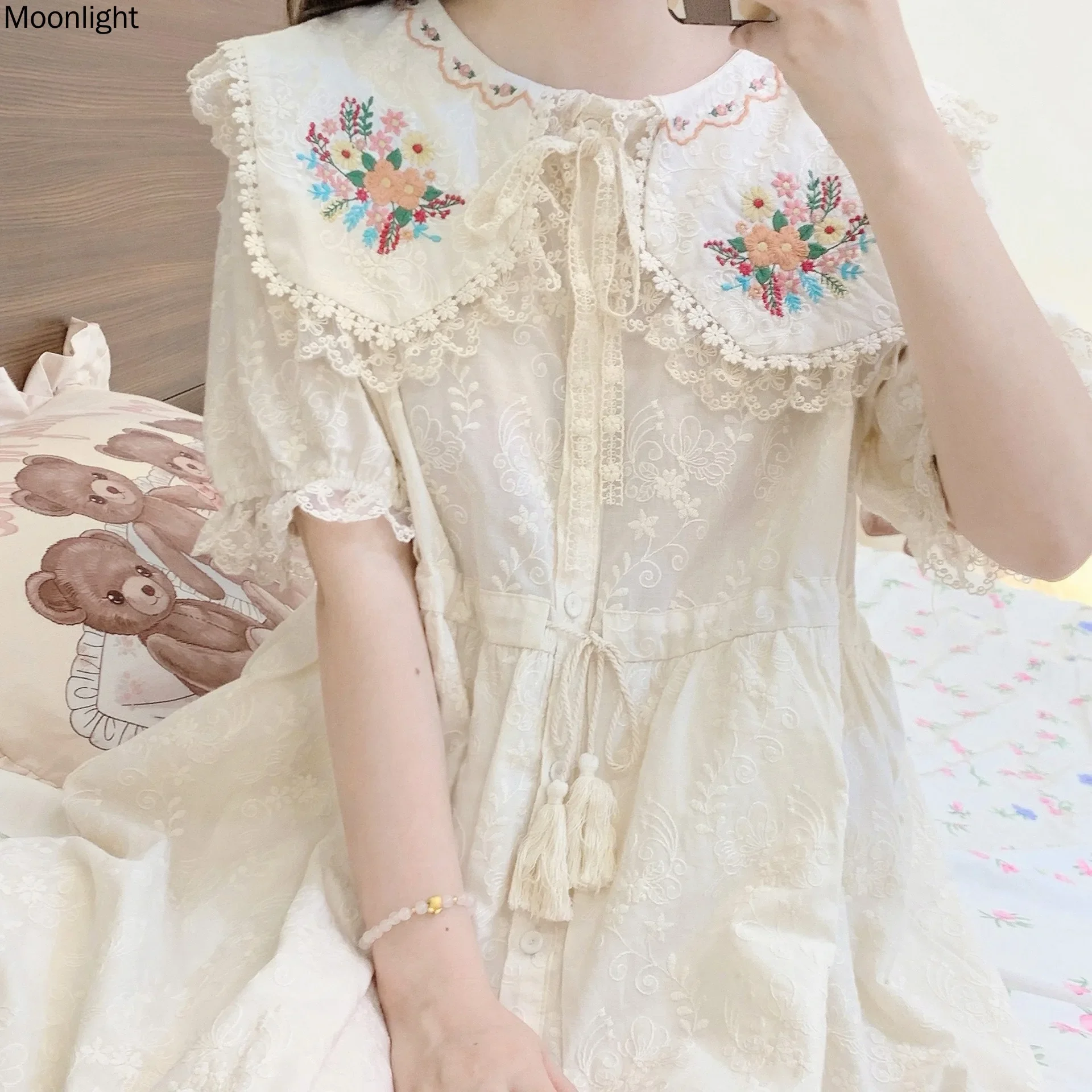 Vintage Embroidery Dresses Japan Sweet Pastoral Flower Doll Neck Short Sleeve Loose Dress Princess Lace-up Cotton Linen Vestido