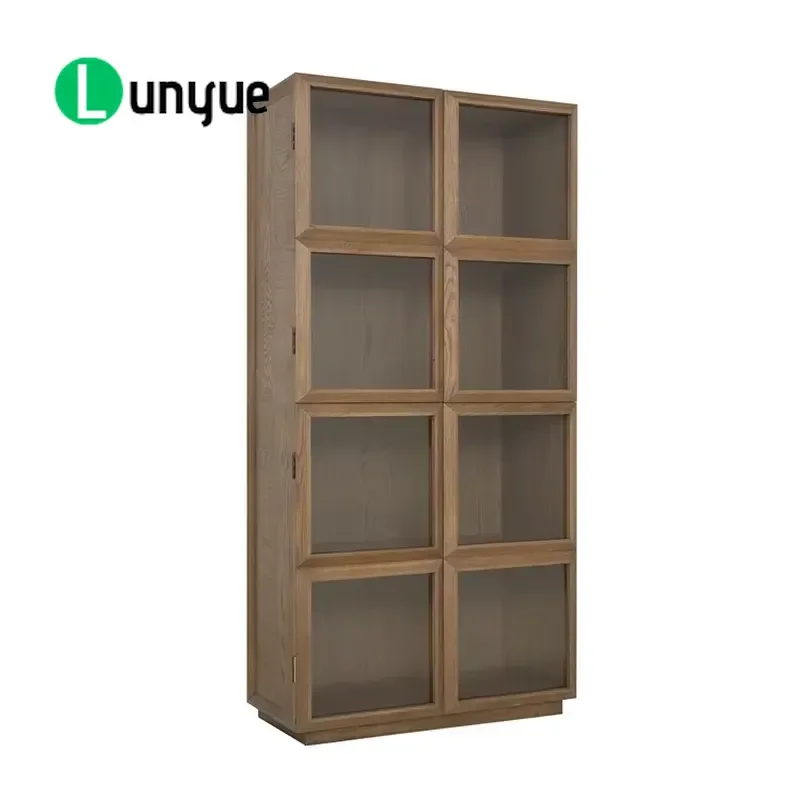 Antique Replica Solid Wood Oak Glass Door Display Cabinet For Living Room Furniture Storage Showcase Vintage Style Home Decor