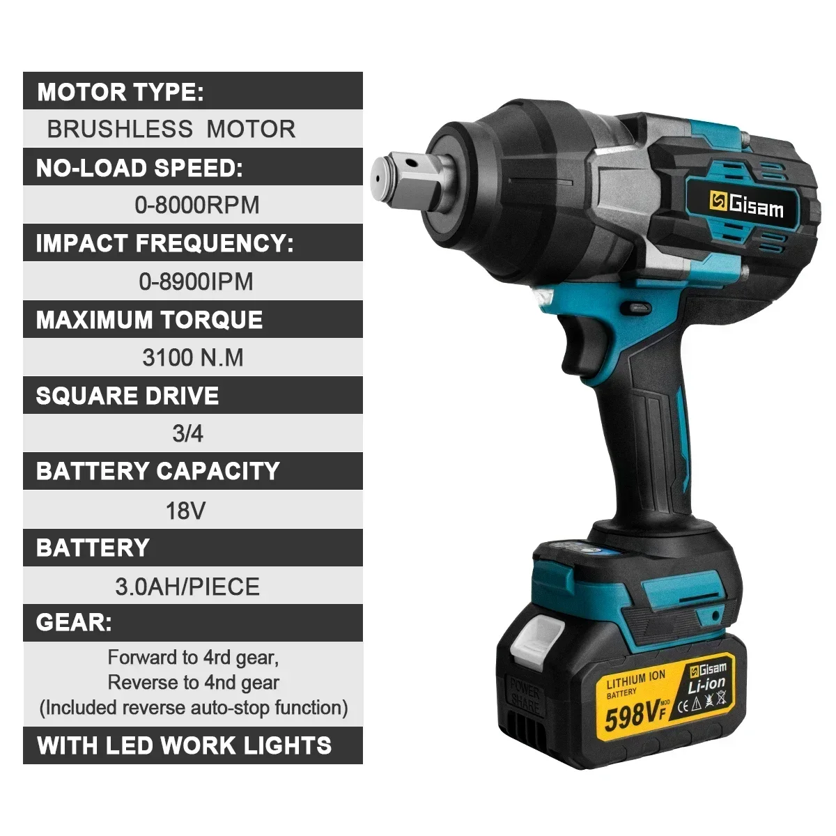 GISAM 3100N.M Brushless Electric Impact Wrench 3/4 Inch Cordless Torque Wrench Screwdriver Power Tool For Makita 18V Battery Pin