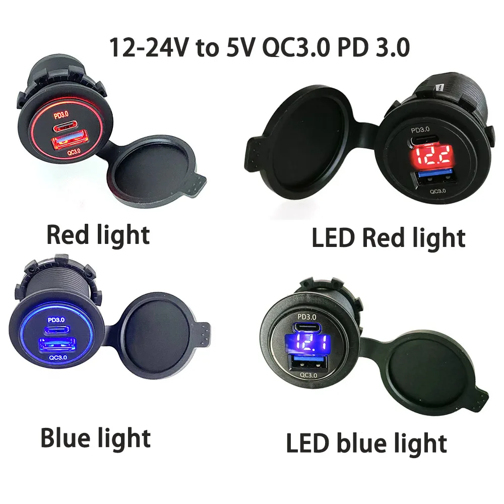 USB Type-C Waterproof Car Charging Connector Socket with LED Voltmeter, Dual Port Socket Adapter, 12-24V to 5V QC3.0 PD 3.0