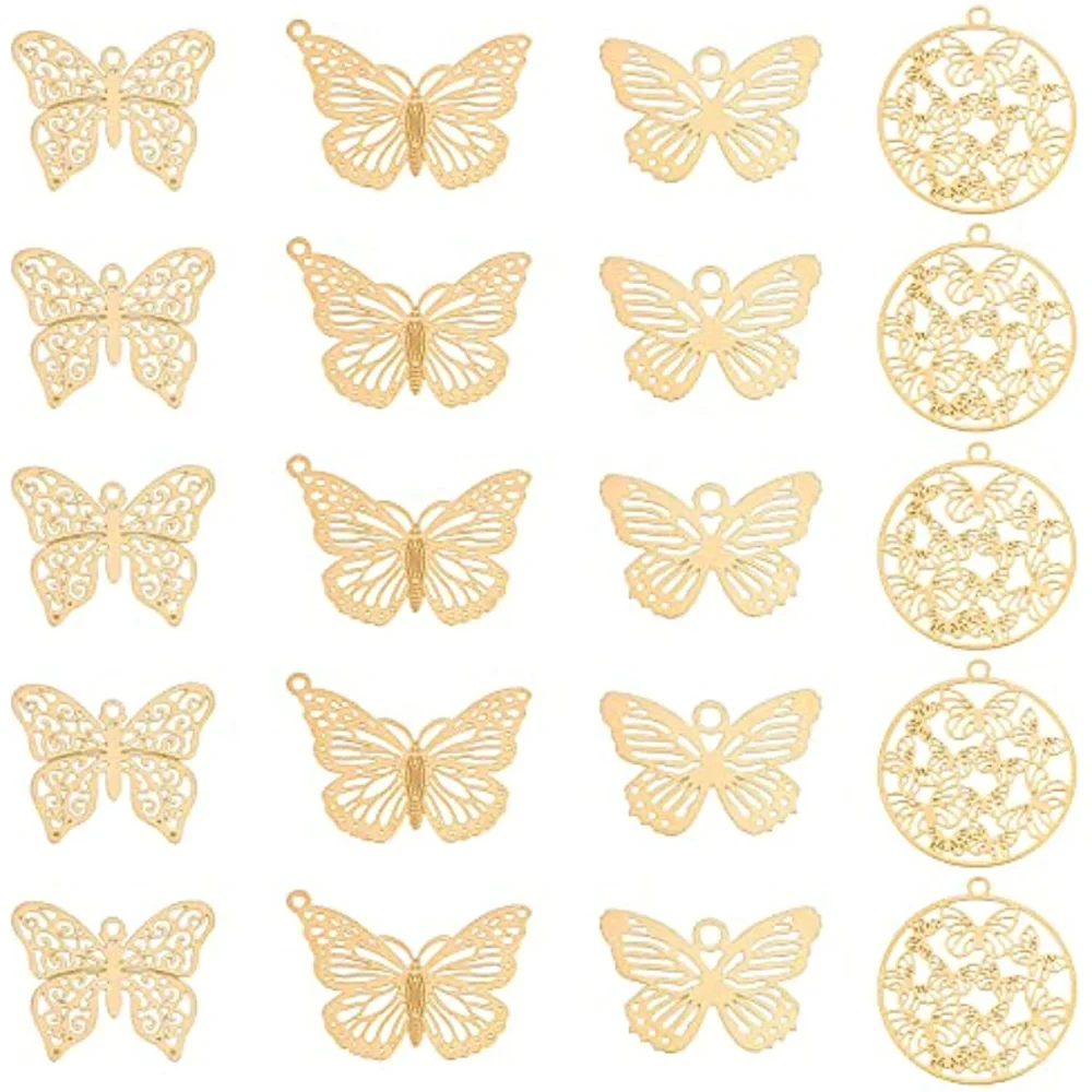 

40Pcs 4 Styles Animal Pendant Charms Stainless Steel Filigree Pendants Gold Color Butterfly and Flat Round Charms for DIY Making