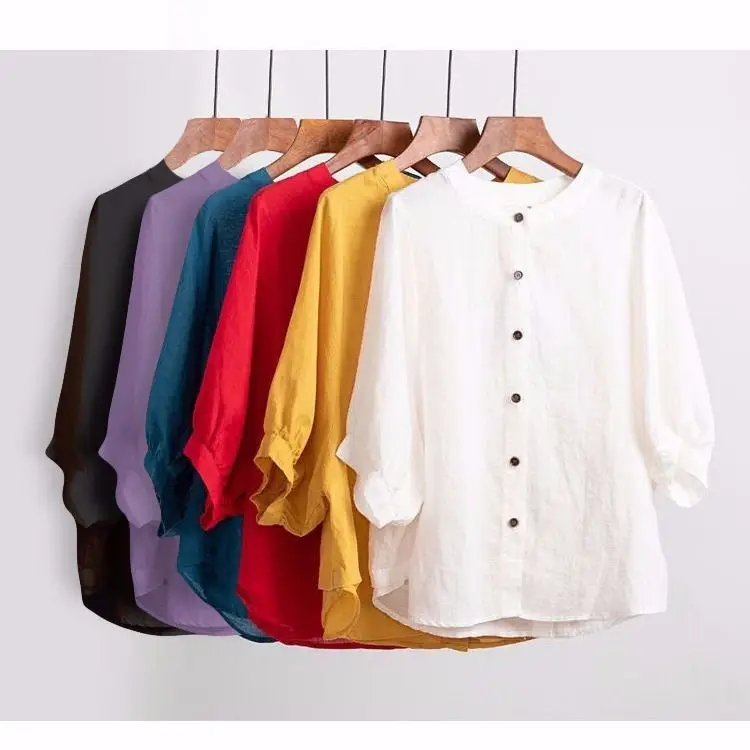 

shirts & blouses Women Casual Spring Summer Solid Color Vintage Button Cotton Linen Shirt Long Sleeve Youthful woman clothes