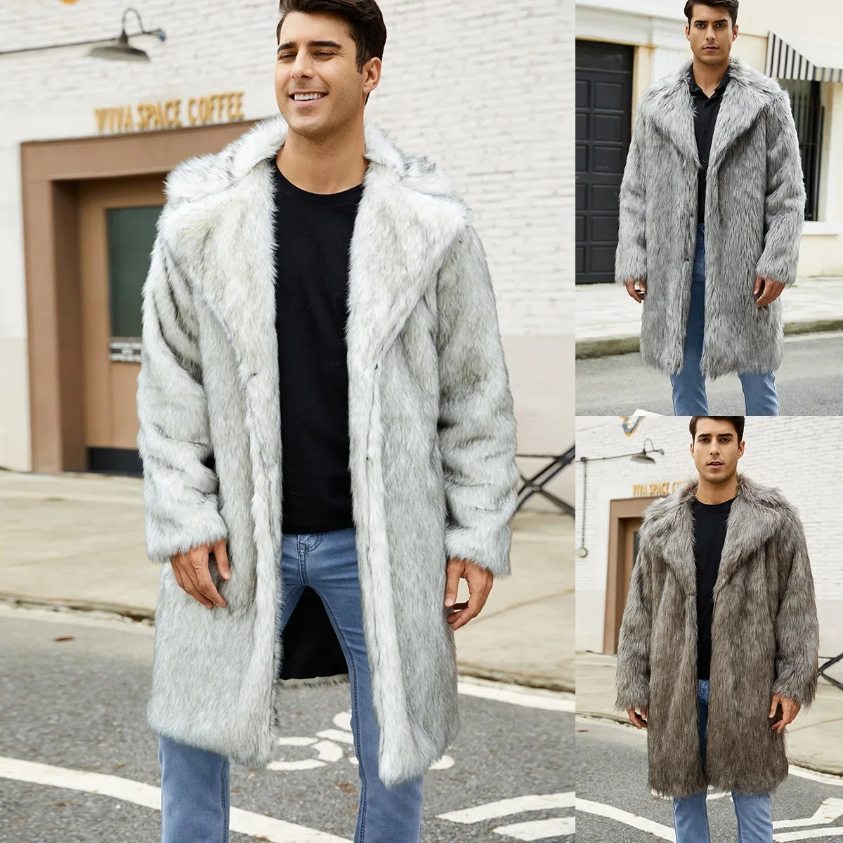 Faux Fur Men Mid Length Coats Turn Down Collar Maxi Coat Casual Streetwear Thick Warm Jackets Splice Open Stitch Autumn Winter