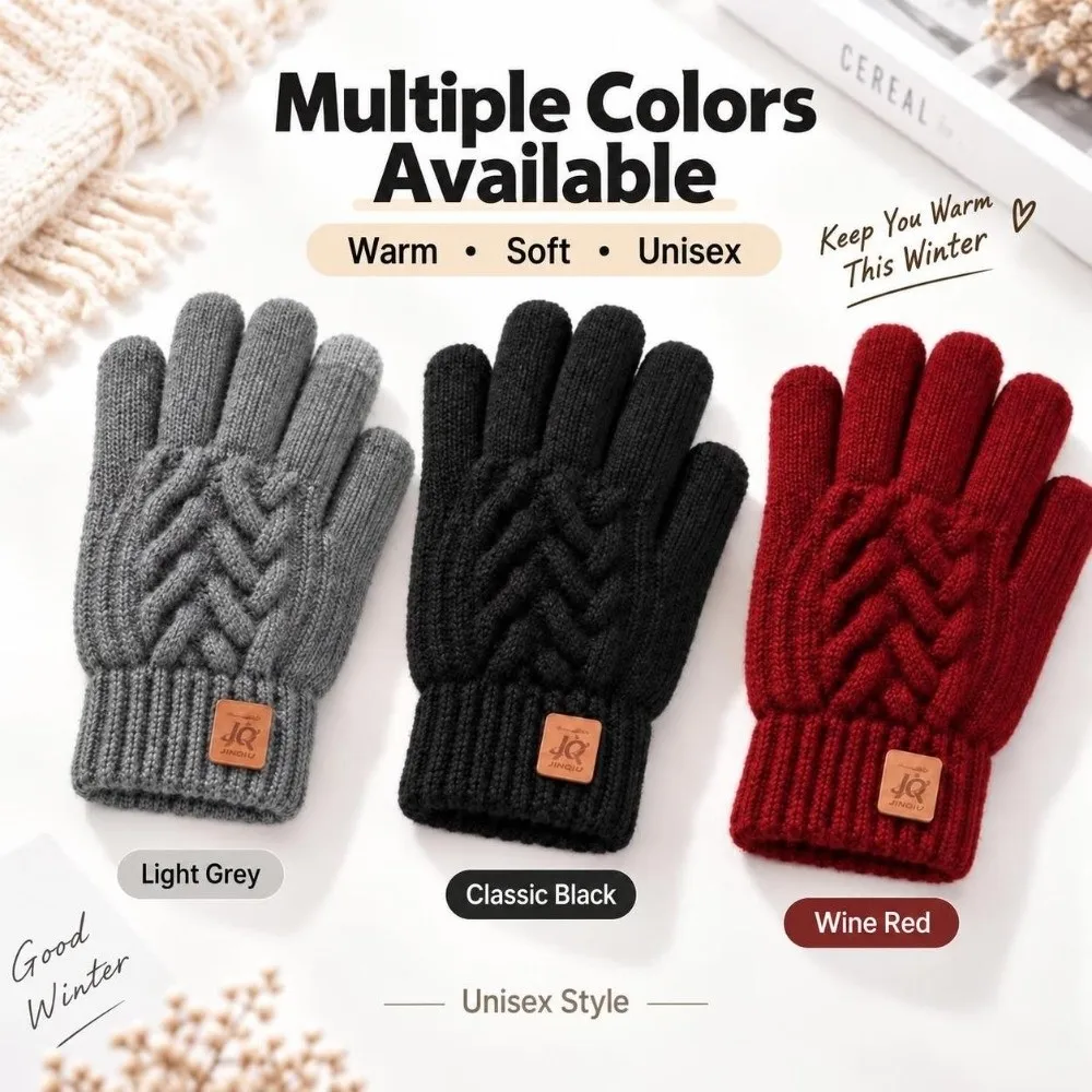 Classic Style Unisex Touch Screen Gloves Acrylic One Size Cable Knitted Gloves Thick Fleece Lined Gloves Cold Weather Wear