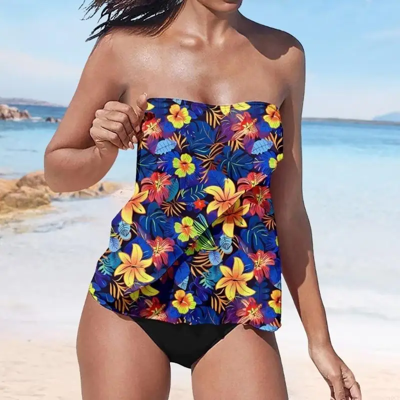 Strapless Tankini Swimsuits for Women 2 Piece Bathing Suits Bandeau Blouson Swim Top with Bottom 