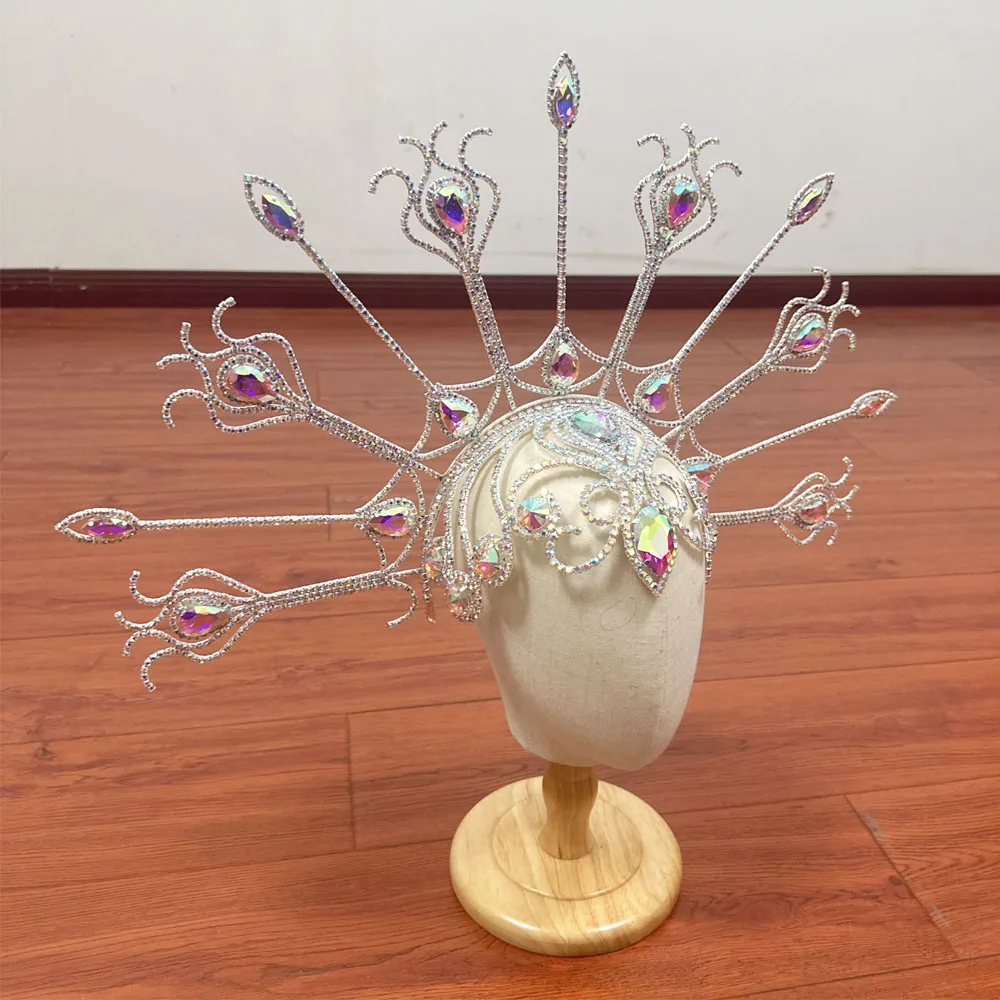CUIER Huge Size Peacock Rhinestone Headpiece Hair Jewelry for Women Crystal Hat Accessories for Fashion Show