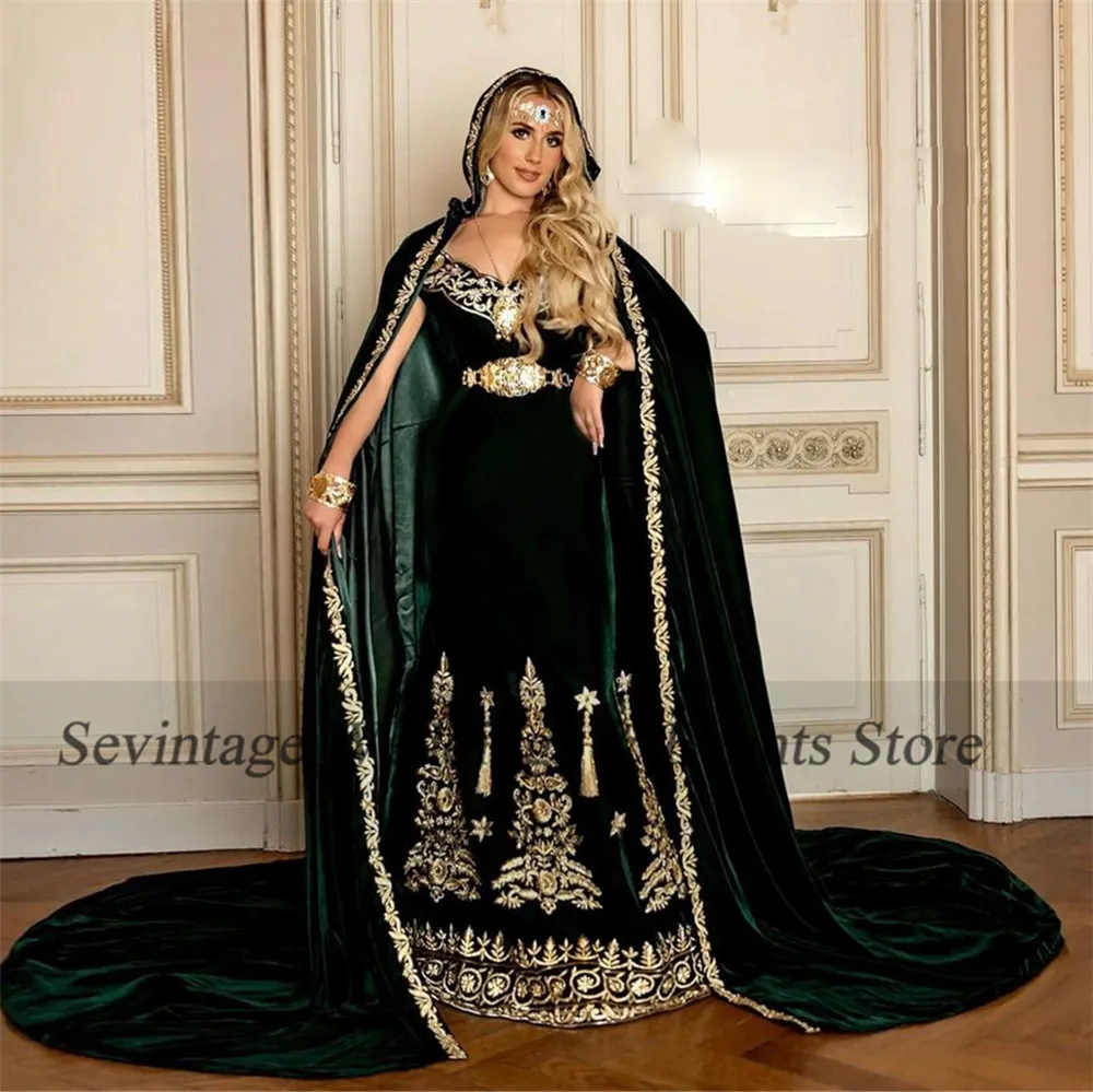 Sevintage Customized Green Arabic Mermaid Velvet Evening Dresses V-Neck 2 Pieces Applique Lace Prom Gowns Belt Floor Length